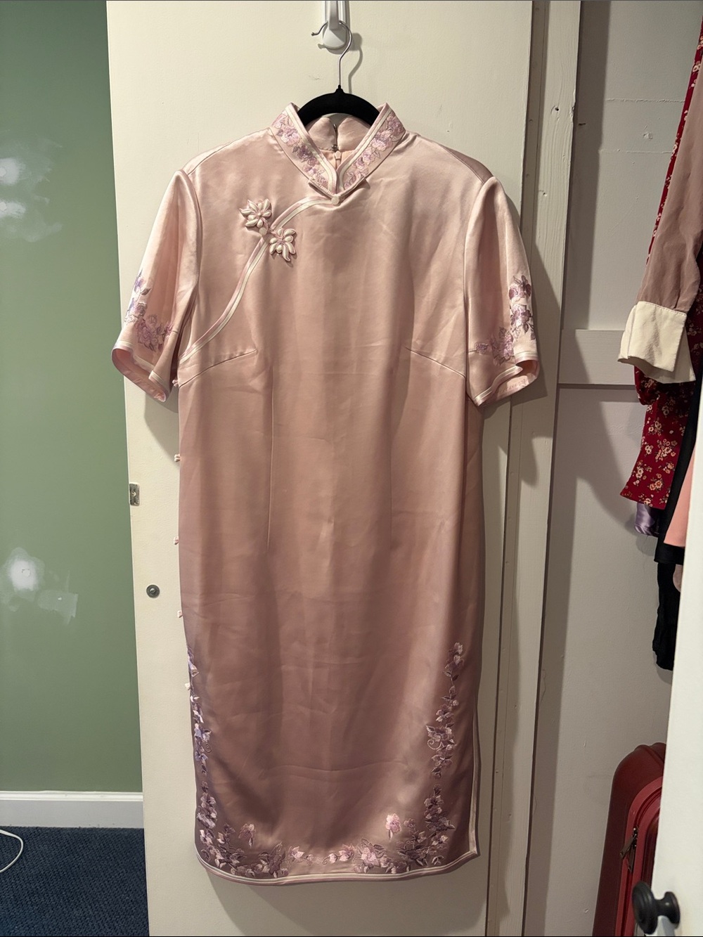Blush Pink Satin Midi Cheongsam Dress with Embroidered Florals
